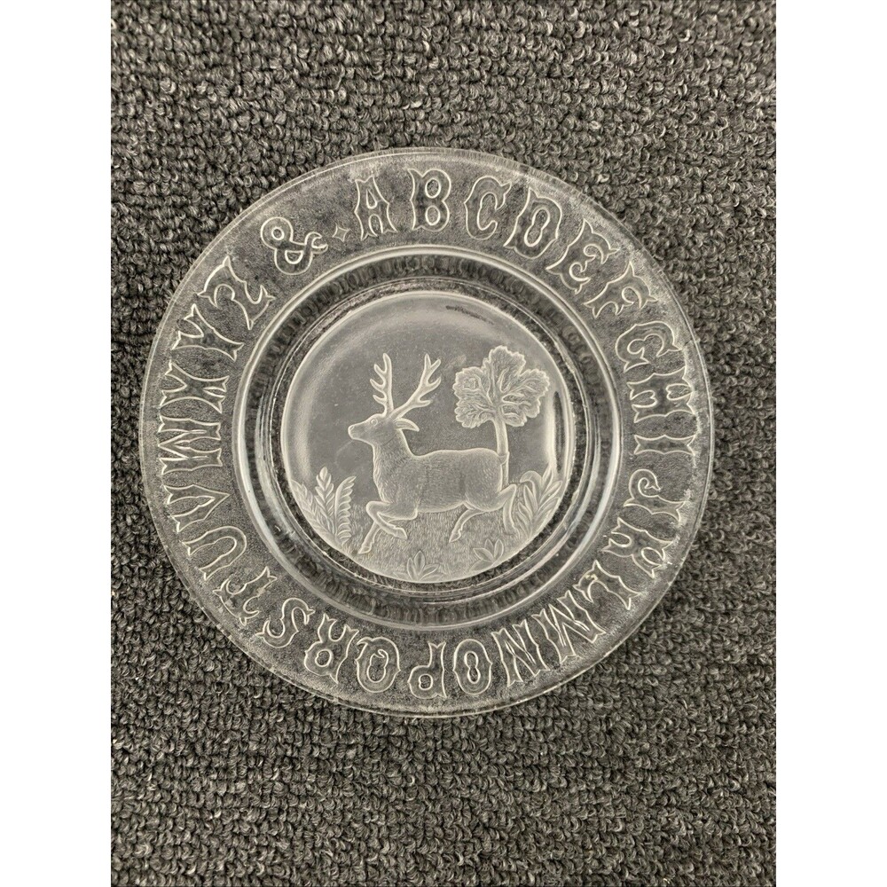 Clear Glass Alphabet 6” Round Plate with Deer Pattern Pressed Glass